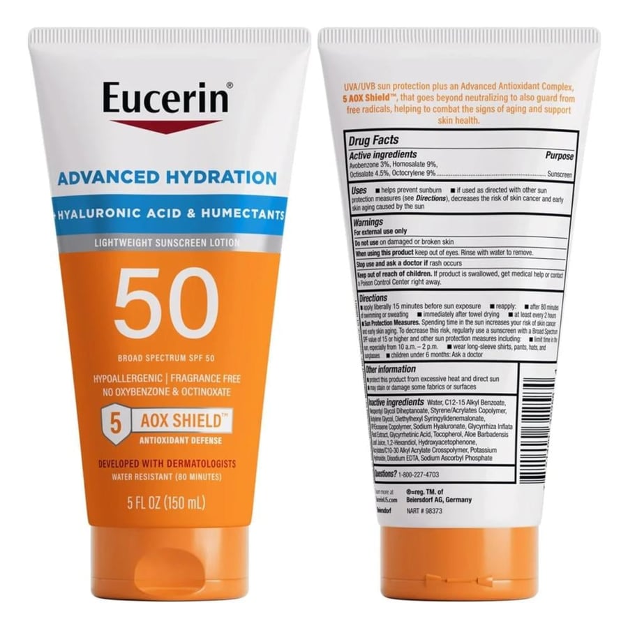 الجهة الخلفية للوشن يوسيرين أدفانسد هايدريشن SPF50 وتعليمات الاستخدام