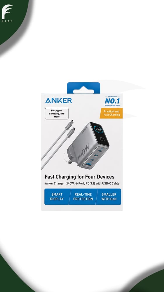 شاحن جداري 140W GaN بأربع منافذ مع شاشة ذكية وكيبل USB-C - انكر