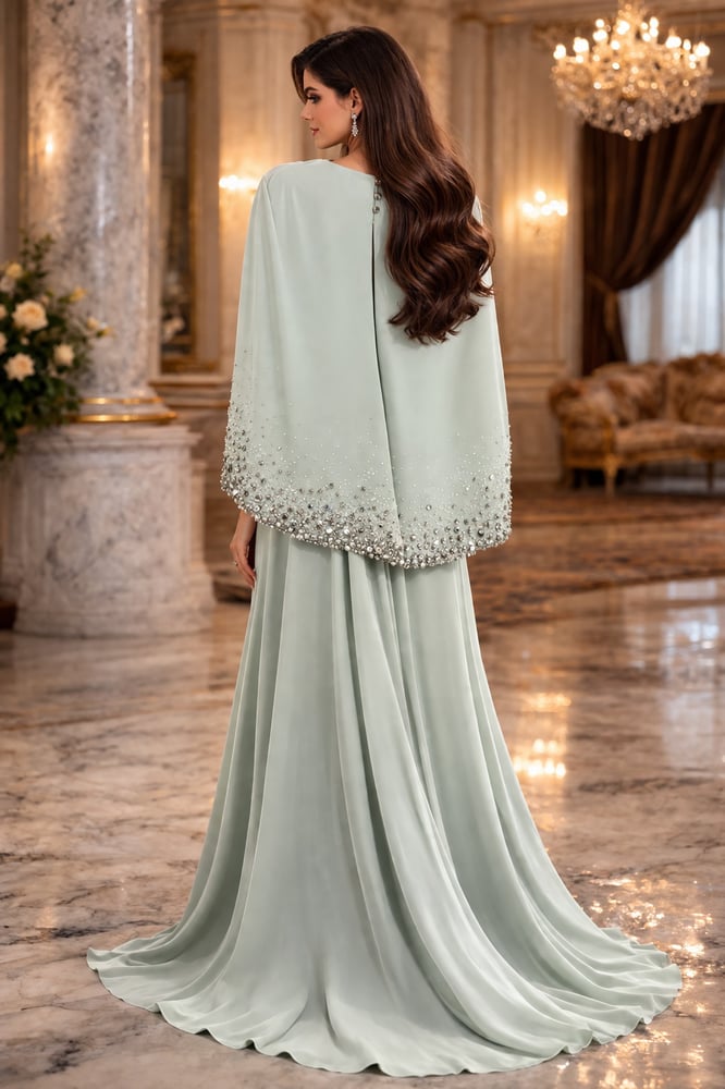 A luxurious, flowing, green evening gown with a sequined cape and elegant silhouette.