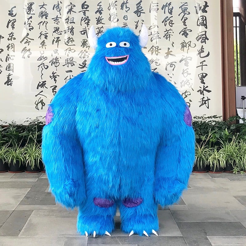 Blue inflatable monster figure with work on the tire, 2.6 meters in size, 1 meter in height