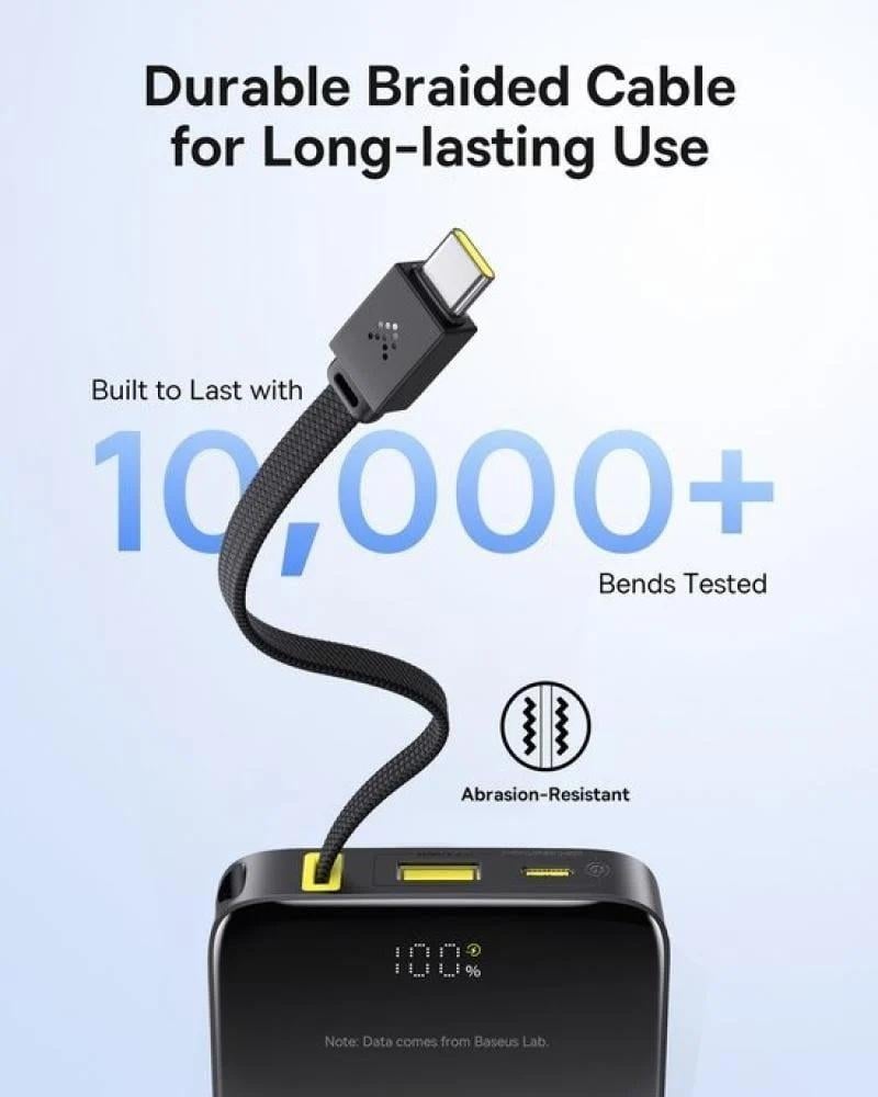 بيسوس - بطارية متنقلة بقدرة 10000ملي امبير بقوة 22.5 واط مع سلك تايب سي مدمج وشاشه رقمية ومنفذ يوا اس بي وتايب سي - اسود