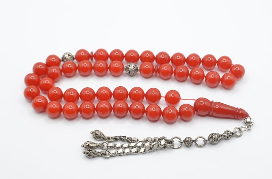 German Sandlewood prayer beads, coral color, and Karkoush silver
