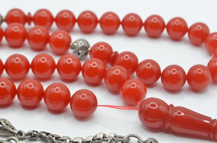 German Sandlewood prayer beads, coral color, and Karkoush silver