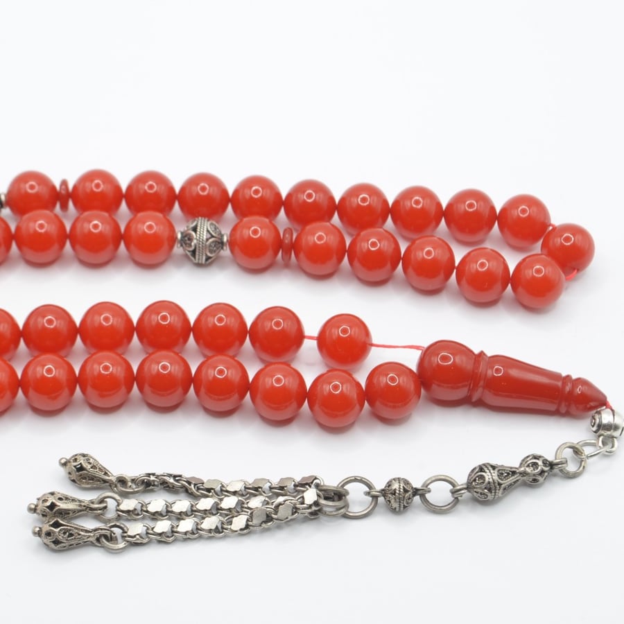 German Sandlewood prayer beads, coral color, and Karkoush silver