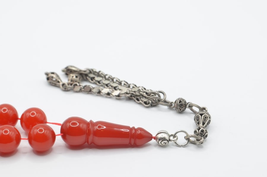 German Sandlewood prayer beads, coral color, and Karkoush silver