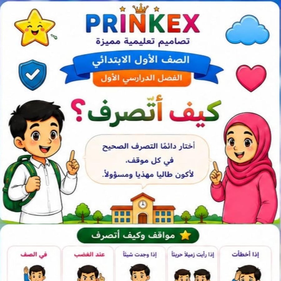 مطوية كيف اتصرف الصف الاول ابتدائي مادة المهارات الحياتية الفصل الدراسي الاول  جاهزة للطباعة