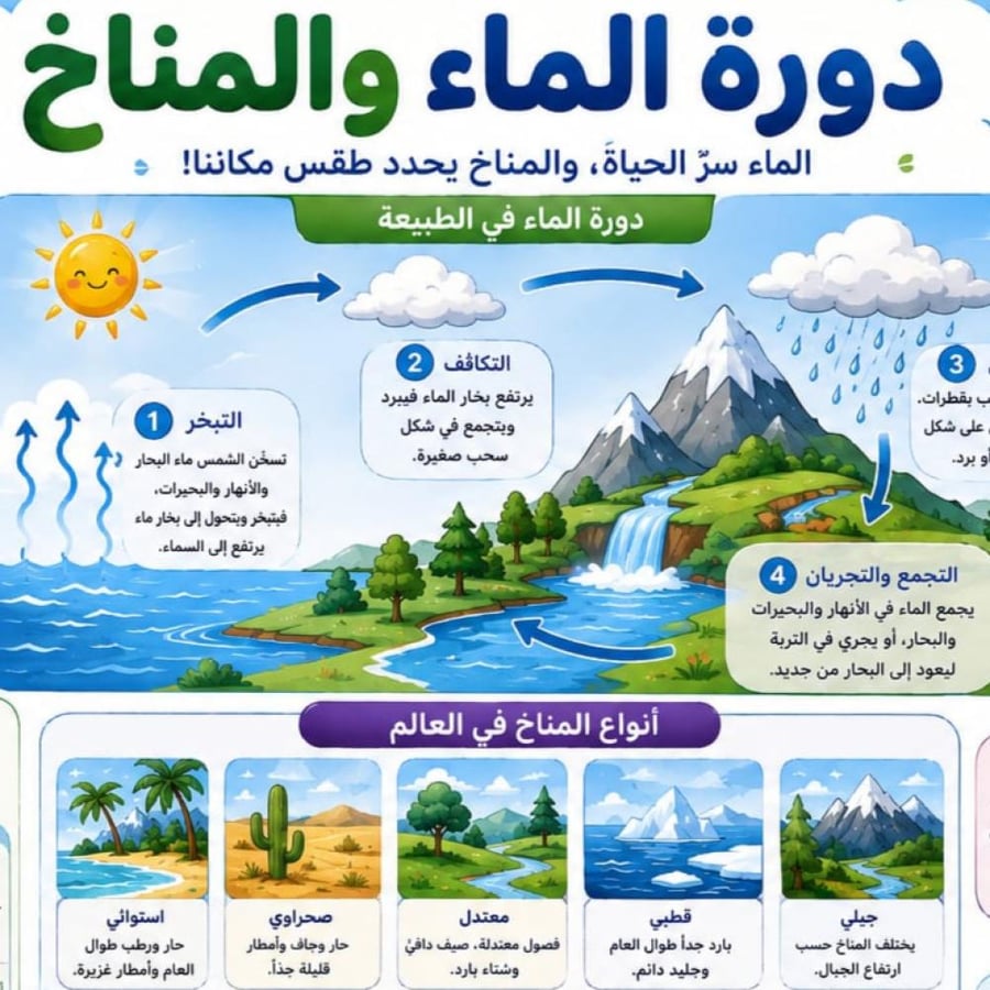 مطوية دورة الماء والمناخ مادة العلوم الصف الثالث ابتدائي الفصل الدراسي الثاني جاهزة للطباعة