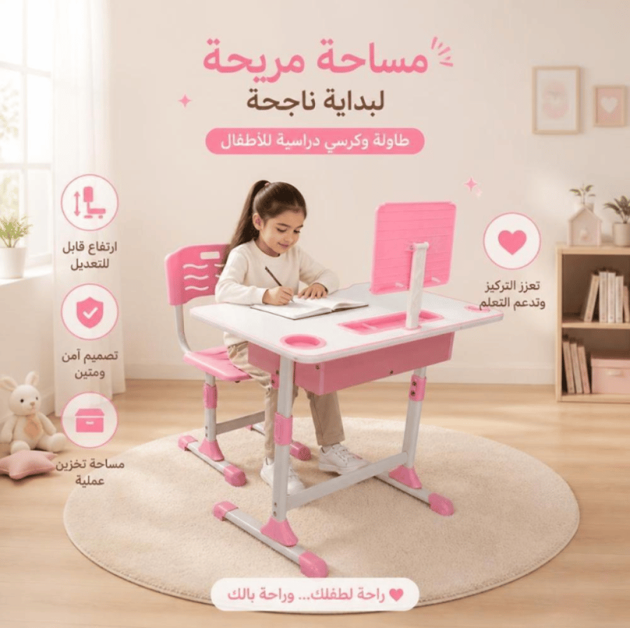 طقم طاولة وكرسي دراسة للأطفال باللون الوردي