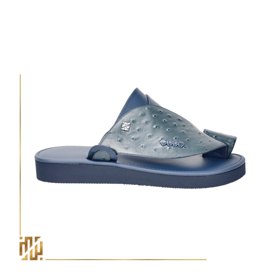 A shoe in the style of ostrich leather in blue.