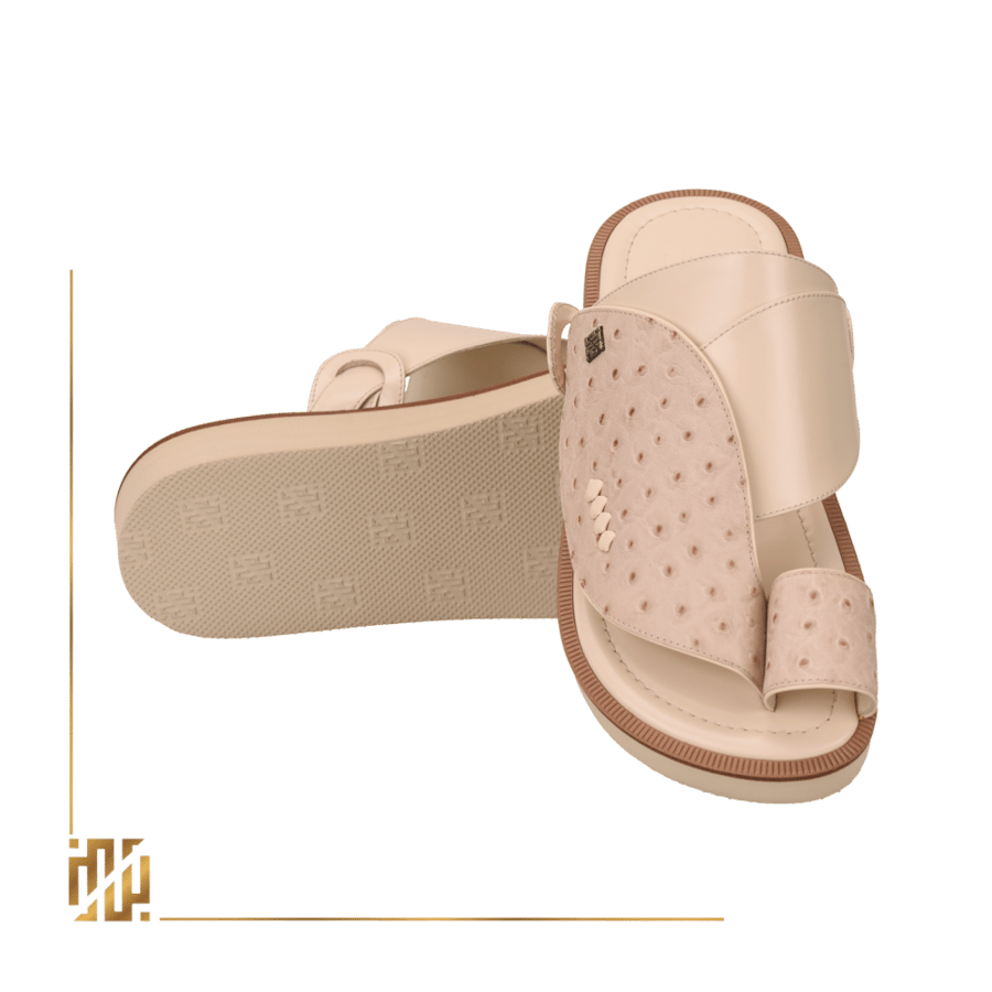 A shoe in the style of ostrich leather in beige color