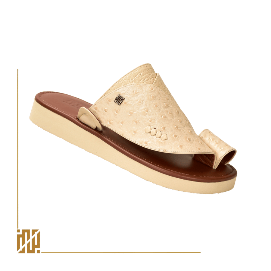 A shoe in the style of ostrich leather in beige color