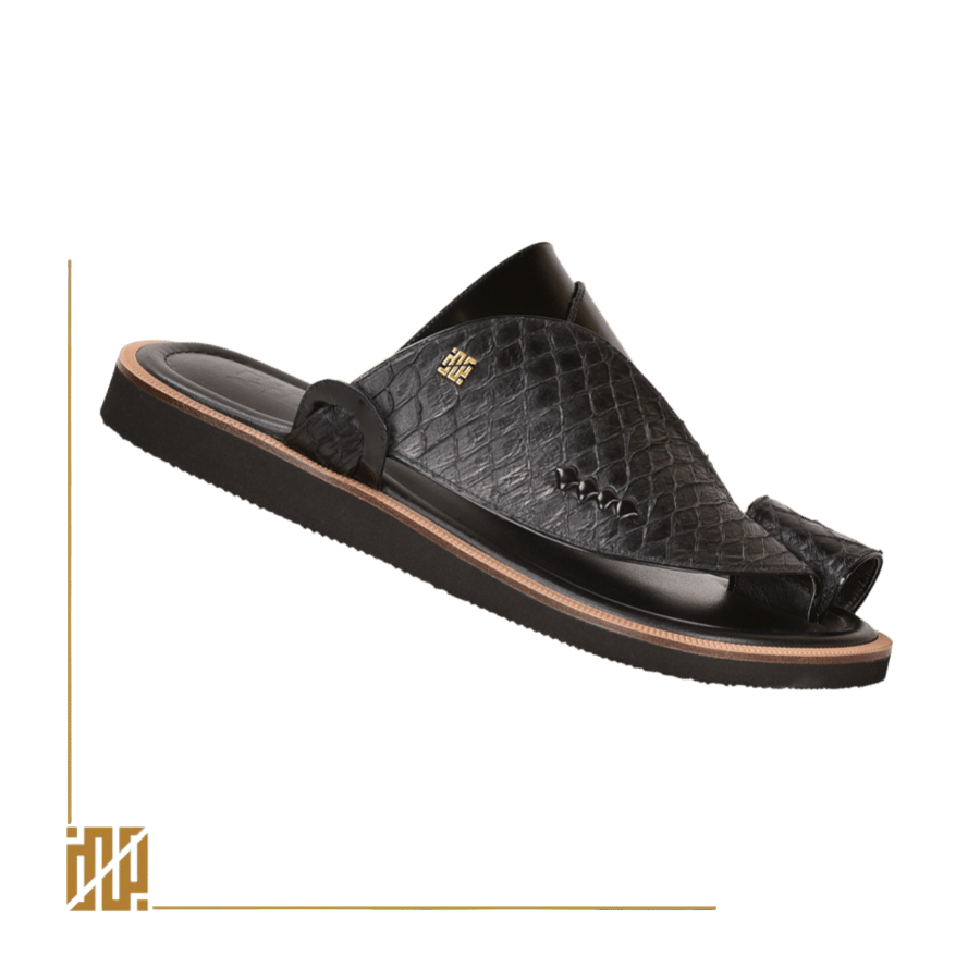 A shoe made of rough fish leather in black.