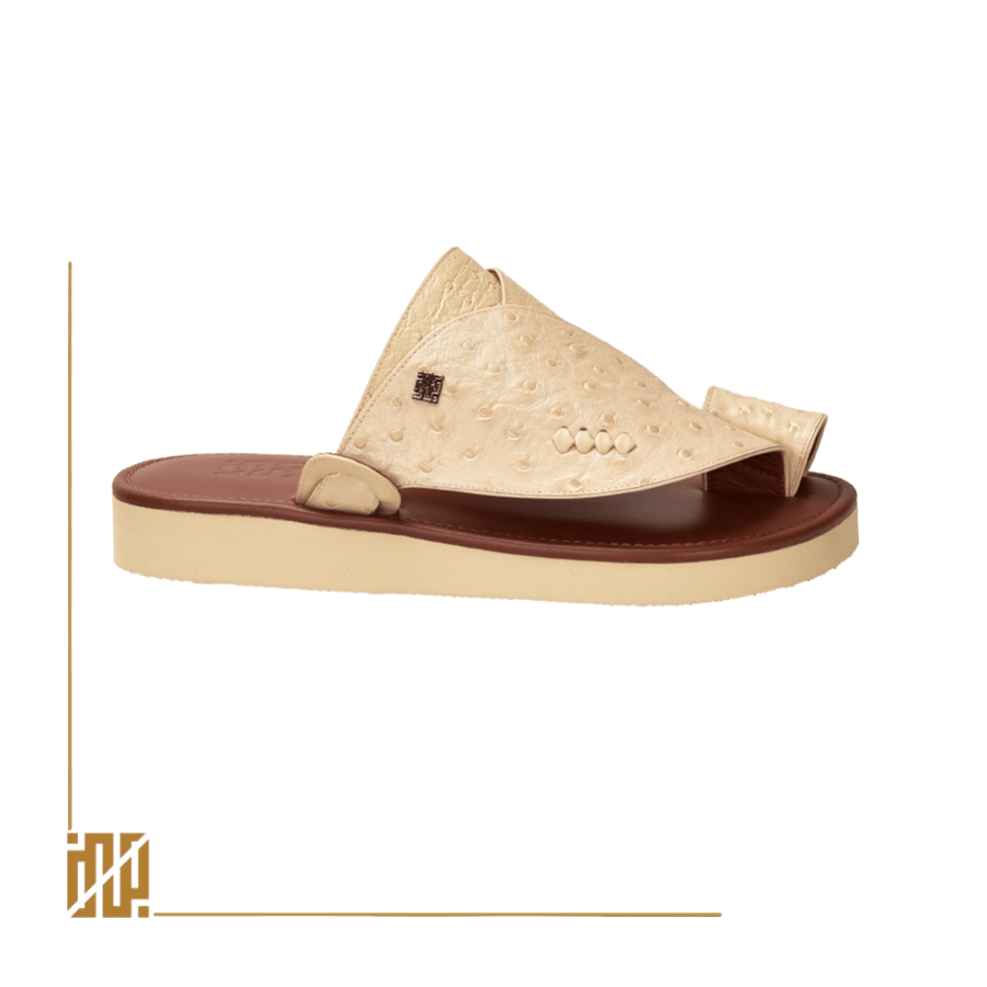 A shoe in the style of ostrich leather in beige color