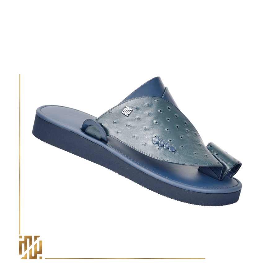 A shoe in the style of ostrich leather in blue.