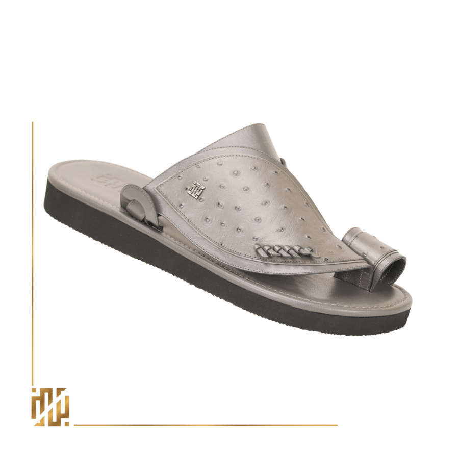 A shoe in the style of ostrich leather in the gray color