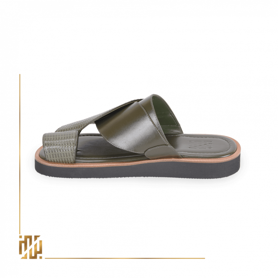 A shoe in an olive green striped pattern style