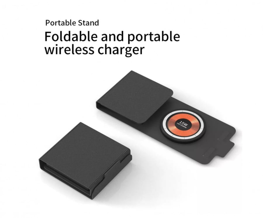 Wireless charger in the shape of a wallet charges 3 devices at the same time (there is a product video available through the YouTube link below the page).