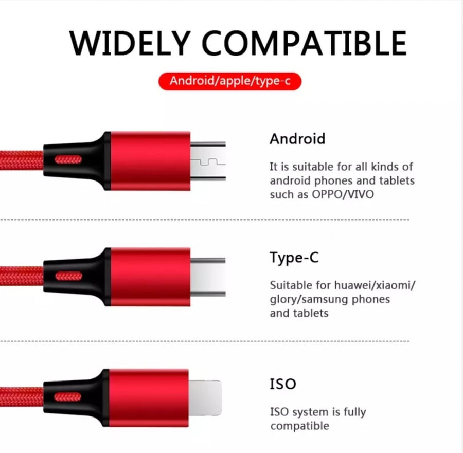كيبل شاحن USB مخرج 3 أجهزة Type C-iphone-micro. (يوجد مقطع فيديو للمنتج)