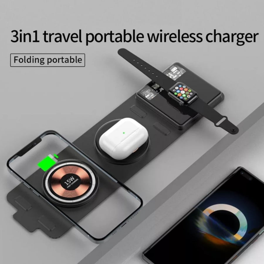 Wireless charger in the shape of a wallet charges 3 devices at the same time (there is a product video available through the YouTube link below the page).