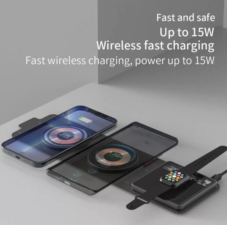 Wireless charger in the shape of a wallet charges 3 devices at the same time (there is a product video available through the YouTube link below the page).