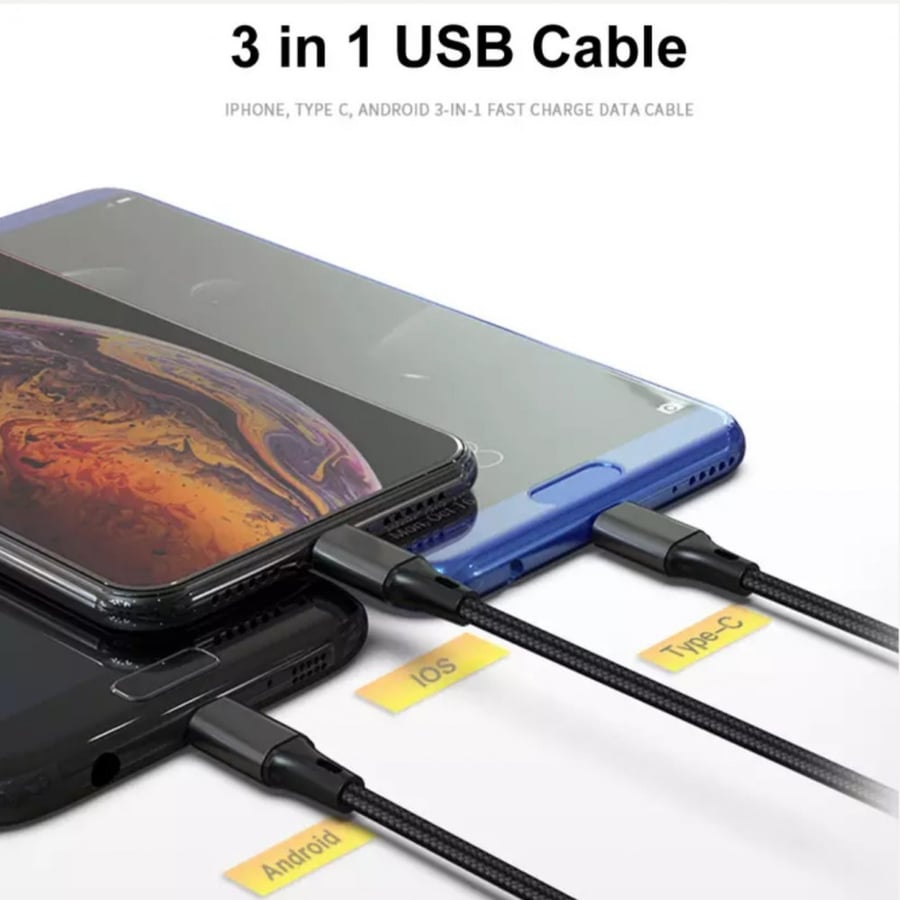 كيبل شاحن USB مخرج 3 أجهزة Type C-iphone-micro. (يوجد مقطع فيديو للمنتج)