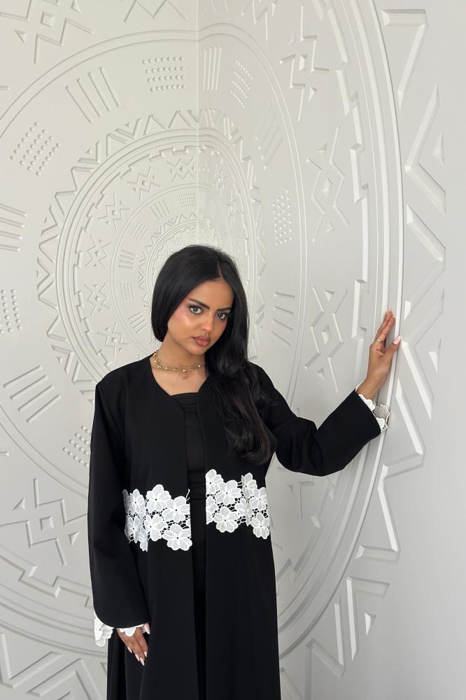 A59-Black abaya with white French Jubeer