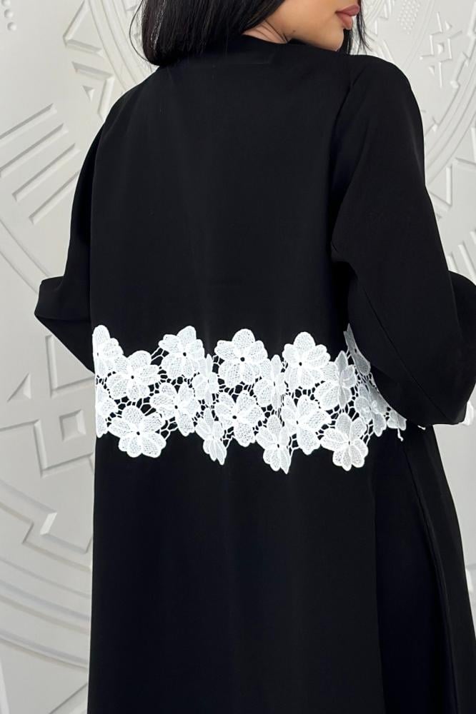 A59-Black abaya with white French Jubeer