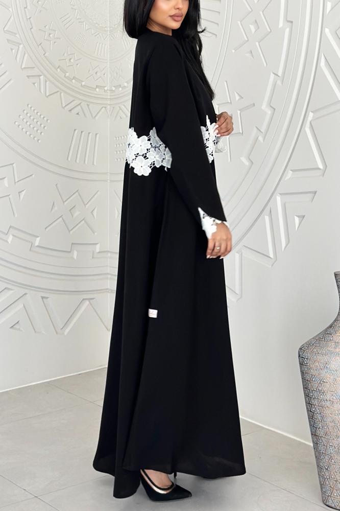 A59-Black abaya with white French Jubeer