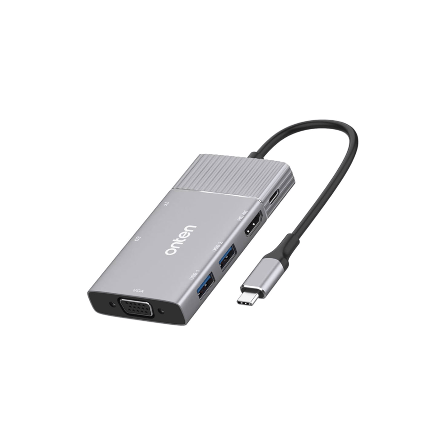 محول اون تين متعدد الوظائف من النوع C + VGA + USB 3.0 + HDMI + قارئ بطاقات SD/TF + شحن PD