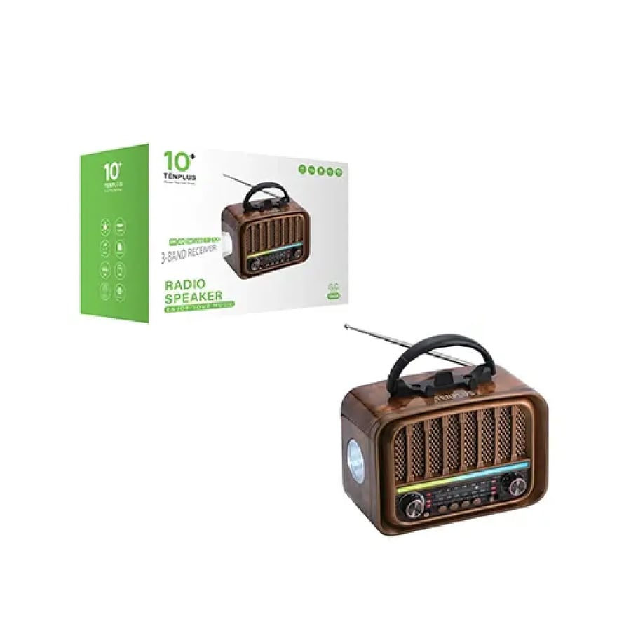 تن بلس راديو سبيكر كلاسيكي بلوتوث مع FM وAM وSW وUSB وكرت TF وإضاءة LED - خشبي بني