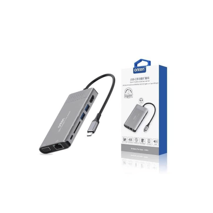 محول وصلة تايب سي مع hdmi مع vga و usb و منفذ لبطاقة sd وايثرنت وجاك 3.5