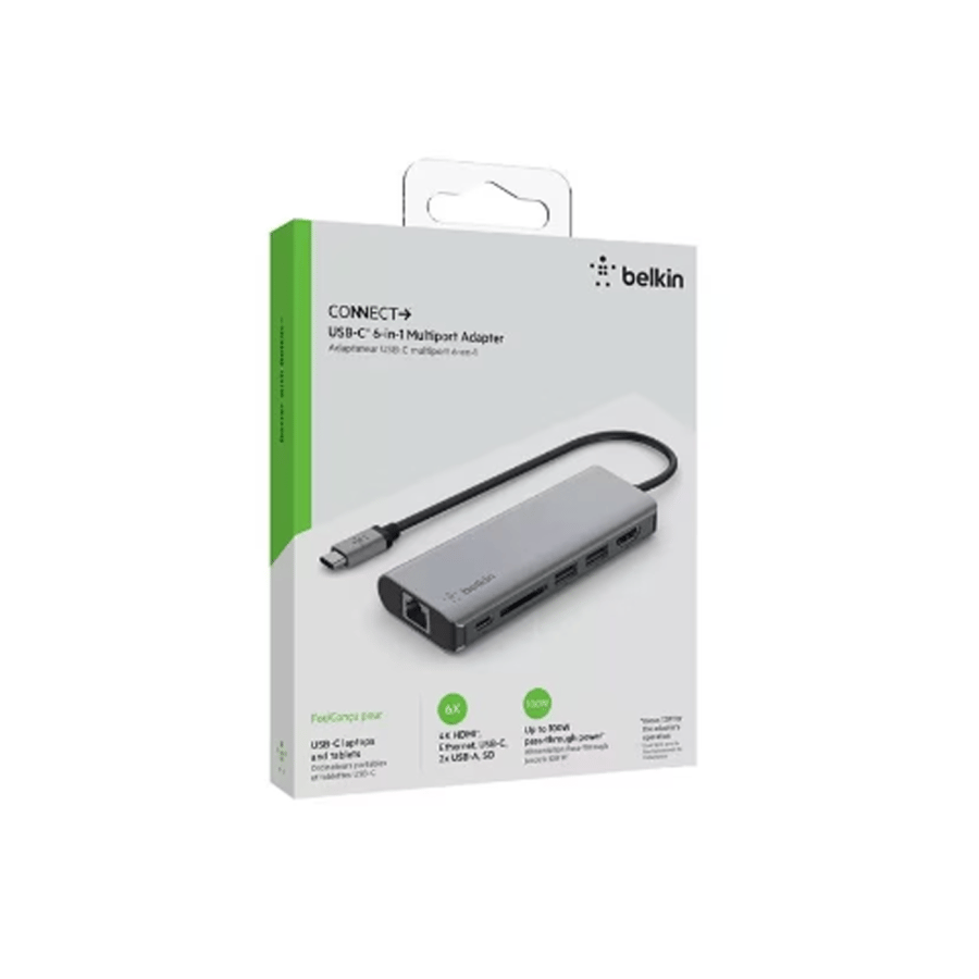 موزع منافذ يو اس بي بيلكن 6 في 1 رمادي مع HDMI وإيثرنت وشحن PD