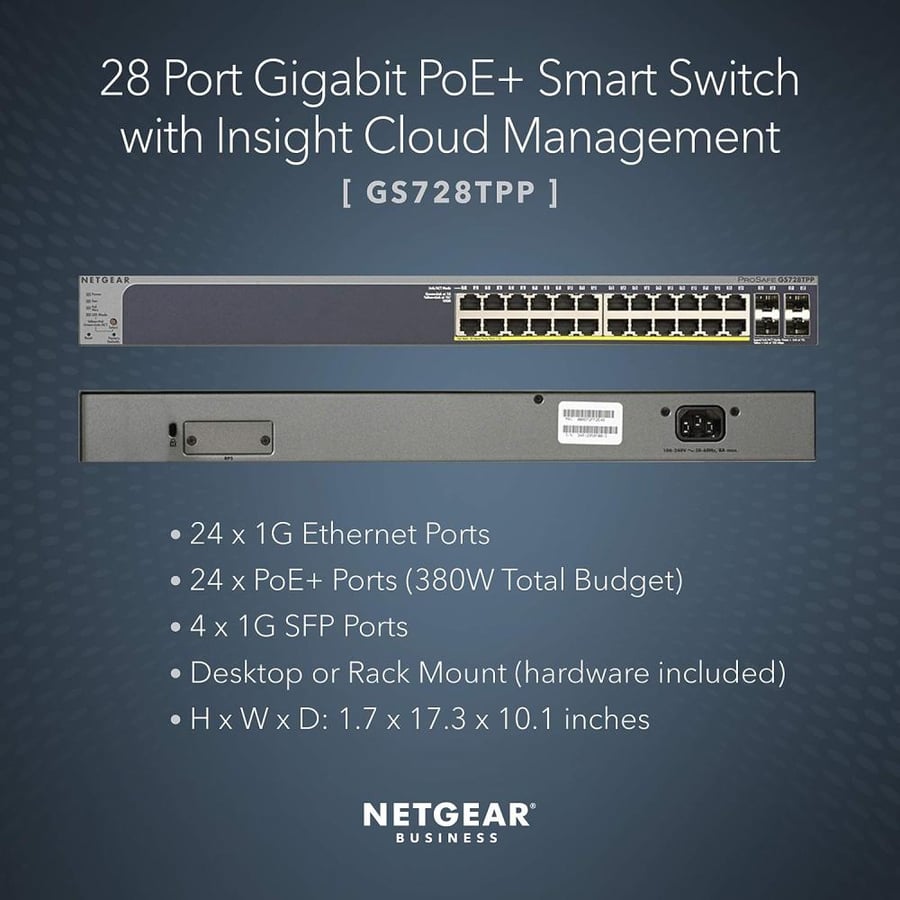NETGEAR 28-Port PoE Gigabit Ethernet Smart Switch (GS728TPP) - Managed with 24 x PoE+ @ 380W, 4 x 1G SFP, Desktop/Rackmount, and ProSAFE Lifetime Protection