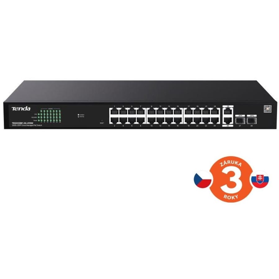 Tenda TEG2228P-24-410W Gigabit PoE+ Websmart L2 Cloud Switch – 24x 1GbE PoE+, 2x RJ45, 2x SFP, 370W Power, Rackmount