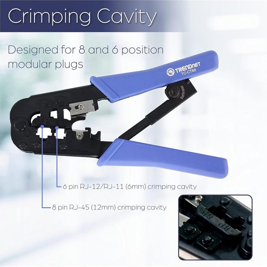 TRENDnet Crimping Tool, 8P/Rj-45 & 6P/Rj-12, Rj-11 Crimp, Cut, Strip Tool, TC-CT68,Blue/Black