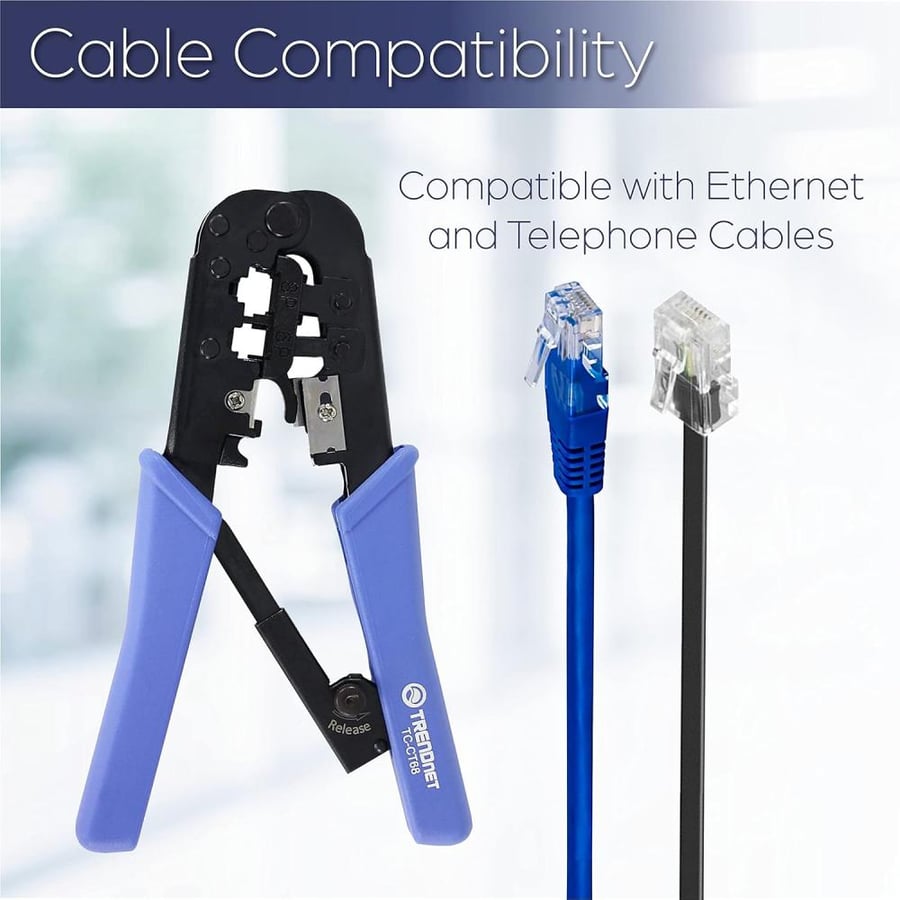 TRENDnet Crimping Tool, 8P/Rj-45 & 6P/Rj-12, Rj-11 Crimp, Cut, Strip Tool, TC-CT68,Blue/Black