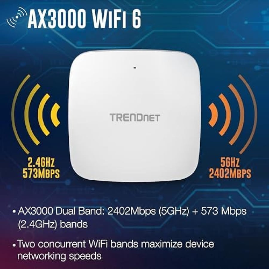 TRENDnet AX3000 Dual Band WiFi 6 PoE+ Access Point, TEW-923DAP, 1 x 2.5GBASE-T PoE+ LAN Port, OFDMA and MU-MIMO Technology, 2402Mbps (5Ghz), 573Mbps (2.4Ghz), WPA3 Ecryption, White