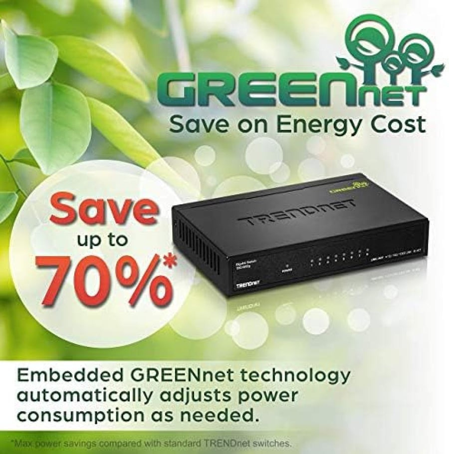TRENDnet 8-Port Gigabit GREENnet Switch, Ethernet Network Switch, 8 x 10-100-1000 Mbps Gigabit Ethernet Ports, 16 Gbps Switching Capacity, Metal, Lifetime Protection, Black, TEG-S82G