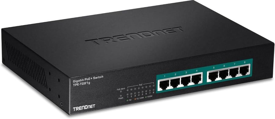 TRENDnet 8-Port Gigabit PoE+ Switch, 120W PoE Power Budget, 16Gbps Switching Capacity, IEEE 802.1p QoS, DSCP Pass-Through Support, Fanless, Wall Mountable, Lifetime Protection, Black, TPE-TG84