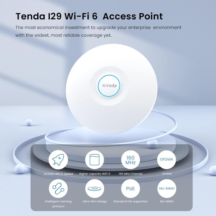 Tenda I29 WiFi 6 AX3000 Wireless Dual Band Gigabit Access Point, Ceiling Mount, Roaming WLAN, MU-MIMO, OFDMA, Central Management, Multiple SSIDs, PoE/DC Power Supply, White