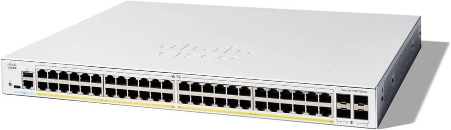 Cisco Catalyst C1300-48P-4G 48-Port Gigabit Managed Network Switch, Dual-Core CPU, 1GB RAM, 104 Gb/s Switching Capacity, 4 x Gigabit SFP Ports, Fan Cooling, 370W Power Budget, Gray | C1300-48P-4G