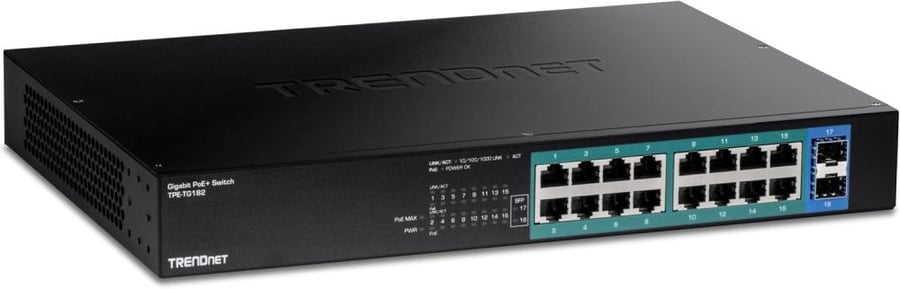 TRENDnet 18-Port Gigabit PoE+ Switch, 16 x 30W PoE+ Ports, 2 Gigabit SFP Slots, 240W PoE Budget, 36Gbps Switching Capacity, 1U 19” Rack Mountable, Lifetime Protection, Black, TPE-TG182