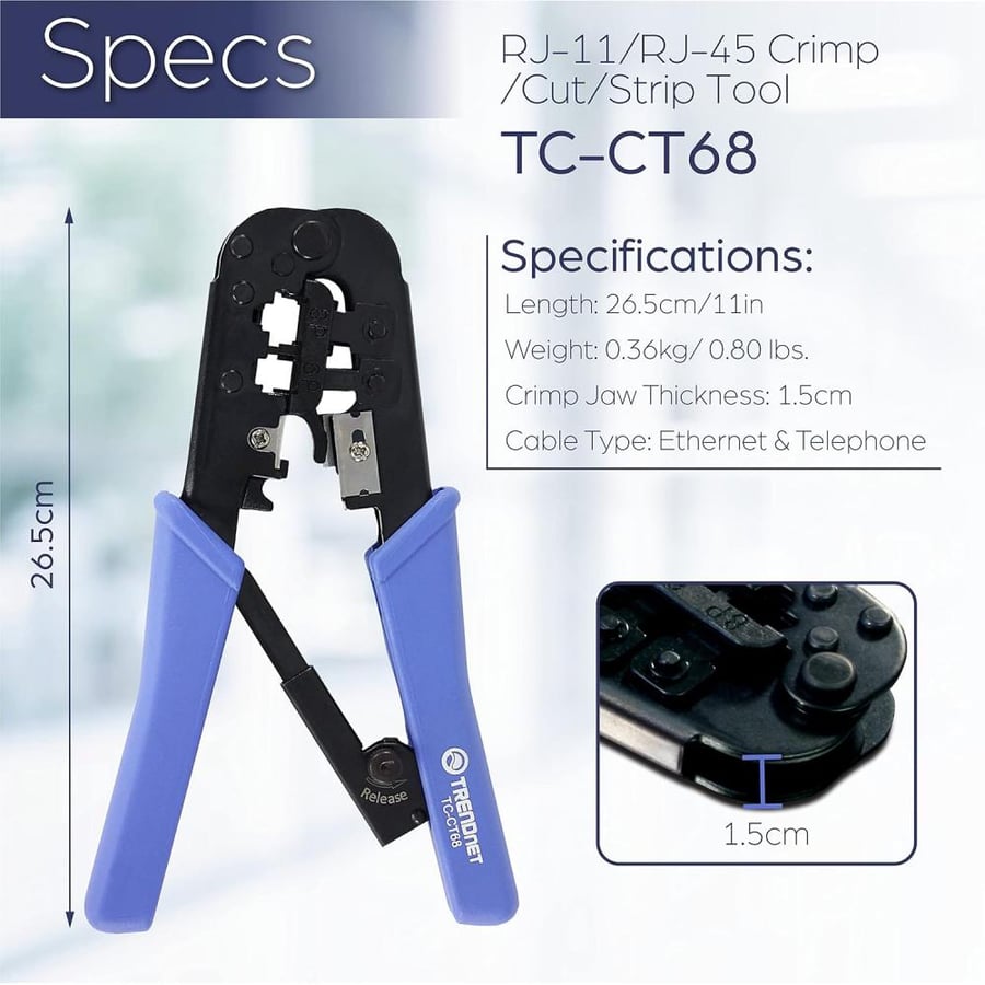 TRENDnet Crimping Tool, 8P/Rj-45 & 6P/Rj-12, Rj-11 Crimp, Cut, Strip Tool, TC-CT68,Blue/Black
