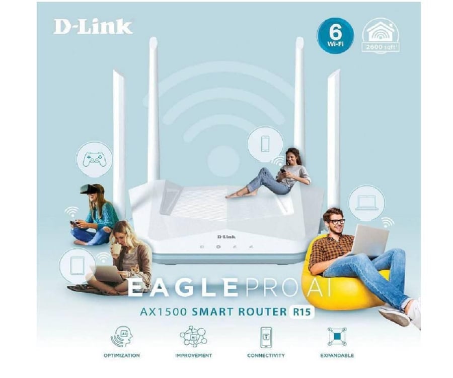D-Link Eagle Pro AI AX1500 Smart Router, AI Based Mesh, Wi-Fi 6, Traffic Optimisers, Up to 1201Mbps (5GHz) / 300Mbps (2.4GHz) Speeds, WPA3 Wireless Security, MU MIMO, White | R15
