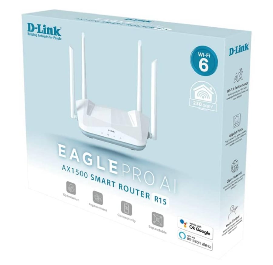D-Link Eagle Pro AI AX1500 Smart Router, AI Based Mesh, Wi-Fi 6, Traffic Optimisers, Up to 1201Mbps (5GHz) / 300Mbps (2.4GHz) Speeds, WPA3 Wireless Security, MU MIMO, White | R15