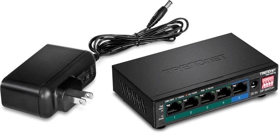 TRENDnet 5-Port Gigabit PoE+ Switch, Camera DIP Switch extends PoE+ 200m (656 ft.), 60W PoE Budget,Lifetime Protection, Black, TPE-TG51g