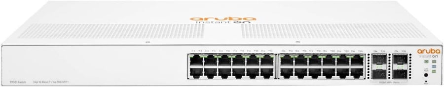 Aruba Instant On 1930 24-Port Gigabit Managed Switch with 10Gb SFP+, 128 Gb/s Switching Capacity, 95.23 Mpps Forwarding Capacity, Rack-Mountable Design, 4 x 10Gb SFP+, 24 x Gb ETH, White | JL682A