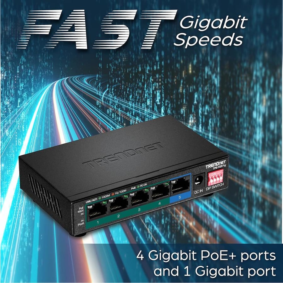 TRENDnet 5-Port Gigabit PoE+ Switch, Camera DIP Switch extends PoE+ 200m (656 ft.), 60W PoE Budget,Lifetime Protection, Black, TPE-TG51g