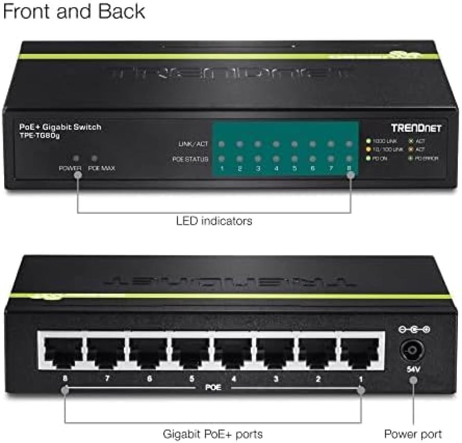 TRENDnet 8-Port Gigabit PoE+ Switch, 8 x Gigabit PoE+ Ports, 123W PoE Power Budget, 16 Gbps Switching Capacity, Desktop Switch, Ethernet Network Switch, Metal, Lifetime Protection, Black, TPE-TG80G