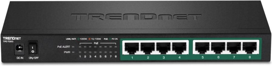 TRENDnet 8-Port Gigabit PoE+ Switch, 8 x Gigabit PoE+ Ports, 65W PoE Power Budget, 16Gbps Switching Capacity, Compact Fanless Design, Wall-Mountable Metal Housing, Black | TPE-TG83